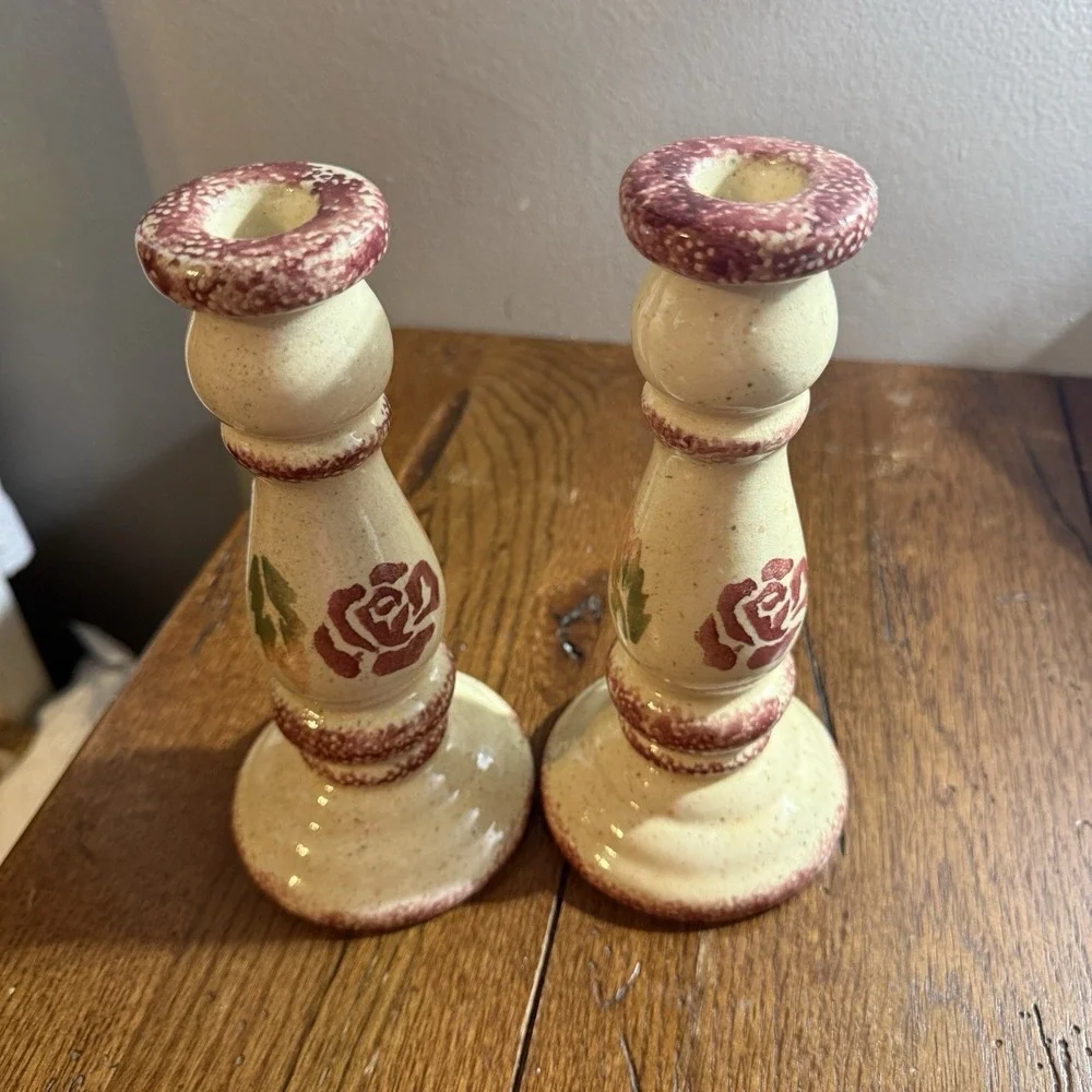 Spongeware Candlesticks Cream with Burgundy Roses